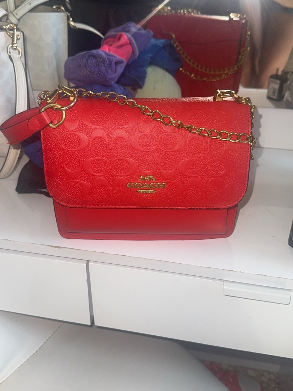 Coach Red Leather Crossbody with Gold Chain